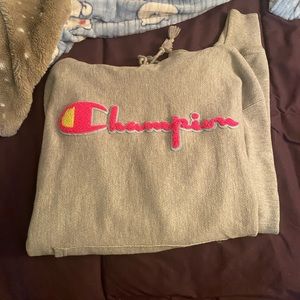 grey champion hoodie with pink embroidery